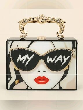 White Pop Art MY WAY Rectangle Black Sunglasses Statement Crossbody Purse Gold